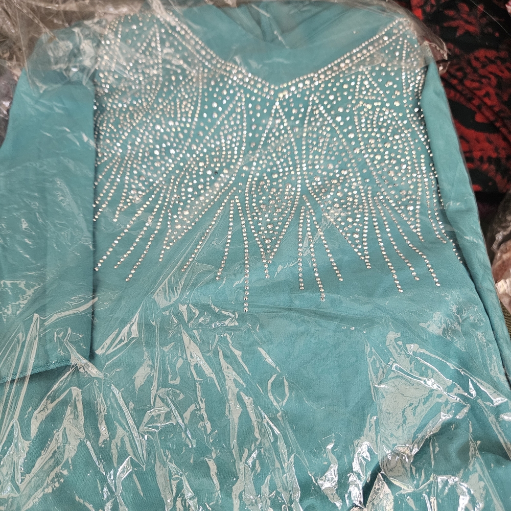 Elegant Teal Midi Dress with Rhinestone Detailing